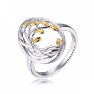 bague arbre de vie feuilles dorées argent